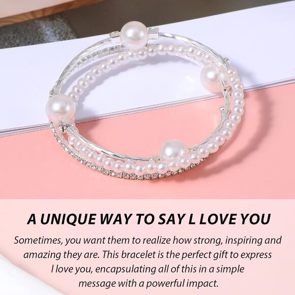 Three-Layer Pearl and Rhinestone Bracelet - Exquisite Silver Stackable Elegance - Picture 3 of 7